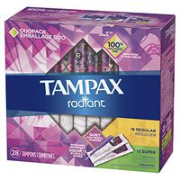 Tampax Radiant Plastic Tampons, Regular/Super Absorbency Duopack, 28 Count (Packaging May Vary)