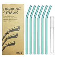 Reusable Bent Glass Drinking Straws, Set of 6 with 2 Cleaning Brushes,Shatter Resistant,BPA Free, Non-Toxic, Eco-Friendly, 200mm x 10mm (Bent 8'' x10mm, Teal)
