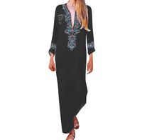 Kaftan Dresses for Women Boho Loose Tropical Oversized Sundress Pleat Tunic V Neck Long Maxi Dress JHKUNO