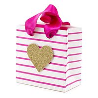 Hallmark Signature 5" Small Gift Bag (Gold Glitter Heart, Pink and White Stripes) for Birthdays, Bridal Showers, Baby Showers, Mothers Day or Any Occasion
