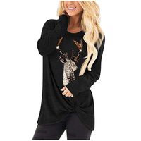 Lutos Women's Comfy Sequin Reindeer Graphic Christmas Twist Knot Tunics Tops Blouses Black