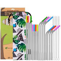 SEIVAN Straws Set of 16 Stainless Steel Reusable Metal Straws with Silicone Tip - Metal Drinking Straws for 30oz 20oz Yeti Tumbler -16 Steel Straws, 16 Silicone Tips, 4 Cleaning Brush, Nature Pouch