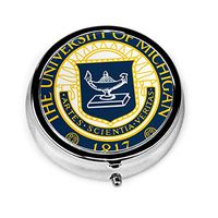 University of Michigan Pill Box Personalized Design New Silver Round Pill Box Decorative Metal Medicine Vitamin Organizer Unique Gift
