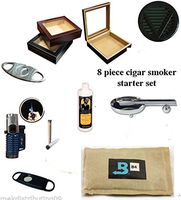 20 Count Cigars glass top BLACK Humidor Cutters Lighter ASHTRAY Cigar Caddy Gift Set & Seasoning kit
