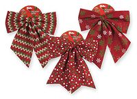 Set of 3 Large 12" Christmas Holiday Printed Burlap Type Fabric Bows for Tree Ornaments Gift Wrapping Decor