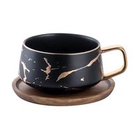 Coffeezone 10.5 Oz Matte Ceramic Marble Tea Coffee Cups with Wood Saucers Luxury Gold Inlay (Black, Cup & Saucer)