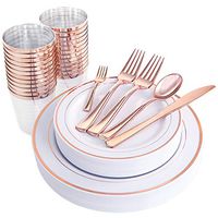 WDF 25Guest Rose Gold Plastic Plates with Rose Gold Silverware,Rose Gold Cups-include 25 Dinner Plates, 25 Salad Plates, 50 Forks, 25 Knives, 25 Spoons &Plastic Cups/Bonus 25 Mini Forks