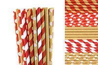 Christmas Kraft Paper Straws Mix - Red, White and Kraft - Stripes and Polka Dots (75)