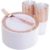 150 Pieces Rose Gold Salad Plates, Rose Gold Disposable Forks and Cups, White Appetizer Plates with Lace Design, Includes: 50 Salad Plates 7.5", 50 Cups, 50 Forks