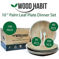 Wood Habit Party Pack of 190 Eco Friendly Dinnerware Set: 40 10'' Round Palm Leaf Plates + 50 Wooden Knives + 100 Wooden Forks. Disposable, Biodegradable, and Compostable. Better than Bamboo & Paper