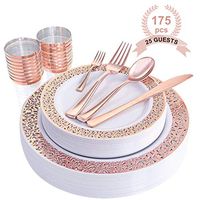 ADRISUN ROSEGOLD 175 pcs 25 Guest. Disposable tableware, Plastic Plates. Plastic Dinnerware include: Plastic Dinner Plates, Plastic Dessert Plates, Plastic Cups,Plastic Forks, Knife, Spoon+ Mini Fork