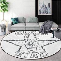 RUGSMAT Popstar Party Washable Creative Modern Round Rug,Rock Star Theme High Sign and Star Figure Grungy Sketch Gesture Vintage Coffee Table Mat Non-Skid Living Room Carpet,Diameter-51 Inch