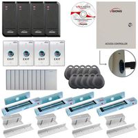 Visionis FPC-6204 Four Door Access Control TCP/IP RS-485 Wiegand for Inswing Door Electric 300lbs MagLock Controller Box, Power Supply, Black Indoor/Outdoor Card Reader, Software 10,000 Users Kit