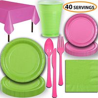 Disposable Party Supplies, Serves 40 - Lime Green and Hot Pink - Large and Small Paper Plates, 12 oz Plastic Cups, Heavyweight Cutlery, Napkins, and Tablecloths. Full Two-Tone Tableware Set