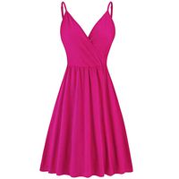 Shusuen Women's V-Neck Spaghetti Strap Summer Casual Swing Dress with Pockets Hot Pink