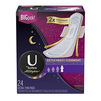 U By Kotex Allnighter Ultra Thin Overnight Pads with Wings, Extra Heavy Flow, 24 Count