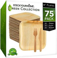 Eco Dinnerware Bamboo Like Palm Leaf Plates with Wooden Cutlery, 25 Square 10 Inch Plates with 25 Forks and 25 Knives, 75 Pieces