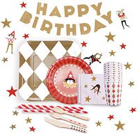 Disposable Dinnerware Set,Gold Foil Harlequin Theme Children Kids Birthday Party Supplies Pack 109 Pieces Serves 12 Guests, Includes Paper Plates, Napkins, Cups, Cutleries, Straws and a Banner