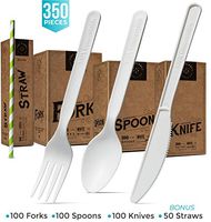 Set of 300 Compostable Cutlery with 50 Paper Straws - Compostable Utensils - Biodegradable Cutlery - Biodegradable Utensils - Compostable Forks - Disposable Cutlery & Disposable Utensils For Any Event