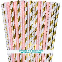 Pink and Gold Foil Paper Straws - Stripe and Polka Dot - 100 Pack