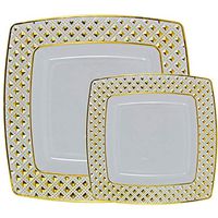 Set of 40 Disposable Square Dinner Plates Bundle Combo | Premium Quality Firm White Plastic | Elegant Designed Diamond | Bulk Qty 20x 10.75'' Dinner Plates + 20x 7.6'' Salad Plates (gold)