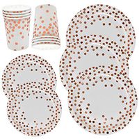 Rose Gold Plates and Cups 150 Disposable Paper Party Set Includes 50 Dinner Plates 50 Dessert Plate and 50 Cup Gold Foil Dot for Birthday Wedding Bridal Shower Bachelorette Holiday Dinnerware Supplies