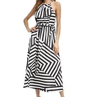 Howstar Womens Halter Open Shoulder Striped Sleeveless Long Evening Party Maxi Dress (S, Black)