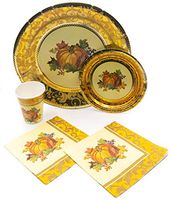 Holiday Thanksgiving Pumpkin Tableware Pack! Disposable Paper Plates, Napkins and Cups Set for 15 (With free extras)