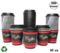 EcoQuality Durable Disposable Paper Cups & Dome Lids For Hot/Cold Drink, Coffee, Tea, Cocoa, Travel - Small 10 Ounce Cups, 250 Count Cups & Black Lids