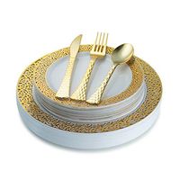 White and Gold Plastic Plates and Silverware Set (100-Piece) Elegant, Disposable Dinnerware | 20 Dinner and 20 Dessert Plates, 20 Forks, 20 Knives, 20 Spoons | Heavy-Duty Place Settings - Posh Setting
