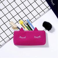 Fine Pretty Student School Stationery Cat Eye Eyelashes Pencil Case Plush Pen Box Plush Cat Pencil Case (Hot Pink)