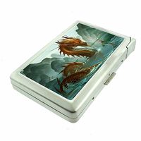 Cigarette Case with Built in Lighter Vintage Japanese Dragon Art S9 Smoking King Size Cigarettes Silver Metal Wallet 4" X 2.75" RFID Protection