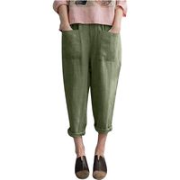 Sagton yoga Pants For Women Capri length Elastic Casual Plus Size Cotton Linen Blend Pants Army Green,M