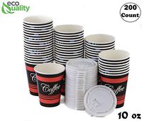 EcoQuality Durable Disposable Paper Hot Cups & White Lids For Hot/Cold Drink, Coffee, Tea, Cocoa, Travel, Small 10 Ounce Cups, 200 Count Cups & Lids