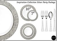 Royalty Settings Silver Inspiration Collection Lace Plastic Plates and Plastic Cutlery for 120 Persons, Includes 120 Dinner Plates, 120 Salad Plates, 240 Forks, 120 Knives, 120 Spoons, White/Silver