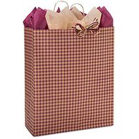 NW Burgundy Gingham Paper Shopping Bags - Queen Size - 16 x 6 x 19in. - 100 Pack