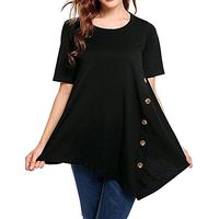 Theoylos Women's T-Shirts O-Neck Large Size Short Sleeve Ladies Button Up Irregular Hem T-Shirts Casual Loose Tops Black