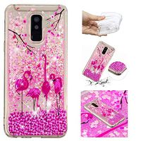 Liquid Glitter Case for Samsung Galaxy A6 Plus 2018,Aoucase Cartoon Pattern Luxury 3D Diamond Sparkle Quicksand Shockproof Anti-Scratch Soft Bumper Case with Black Dual-use Stylus,Flamingo Flower