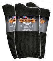 Extra Wide Men's Black Medical (Diabetic) Mid Calf Crew Sock, Shoe Size 8-11 Up to 6E Wide 3PK, Antimicrobial, Made in USA!
