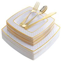 125 Pieces Gold Plastic Disposable Plates, Diamond Square Plates,New Gold Plastic Silverware, Includes: 25 Dinner Plates 9.5", 25 Salad Plates 7.6", 25 Knives, 25 Forks, 25 Spoons (Supernal)