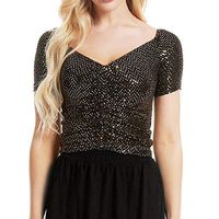 aliveGOT Women's Glitter Basic Short Sleeve V Neck Ruched Crop T-Shirt Tops Blouse (M) Gold