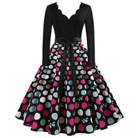Sunhusing Ladies Flower Trim V-Neck Solid Color Long Sleeve Polka Dot Print Belt Lace Up Pleated Flare Dress(Multicolor,2XL)
