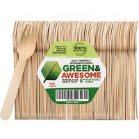 Disposable Wooden Forks, Pack of 100, 6" Length Eco-Friendly 100% Compostable Biodegradable, Natural Wooden Utensils, Party Use, Camping by GREEN & AWESOME