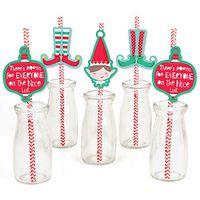 Big Dot of Happiness Elf Squad - Paper Straw Decor - Kids Elf Christmas and Birthday Party Striped Decorative Straws - Set of 24