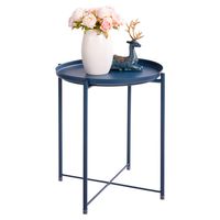 HollyHOME Tray Metal End Table, Sofa Table Small Round Side Tables, Anti-Rust and Waterproof Outdoor & Indoor Snack Table, Accent Coffee Table,（H） 20.28" x（D） 16.38", Navy Blue