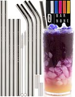 BAR NONE Best Straws Set of 10 | 8.5 & 10.5" Long Wide Stainless Steel Metal Drinking Straws Full Variety Reusable Straight & Curved Cleaning Brushes & Silicone Tips Straw Brush (Stainless Steel, 10)
