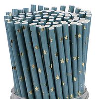 100 Paper Straws, Biodegradable fun straws, Striped Paper Straws, Bulk Set of Biodegradable Straws, Perfect For Birthdays, Weddings, Bachelorette Parties, and much more! (Blue and Gold Stars)