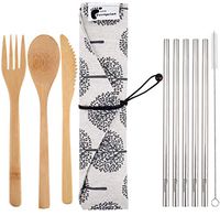 Bamboo Travel Utensils and Reusable Straws - Set with Carrying Case Holder by Little Footprint (Grey)