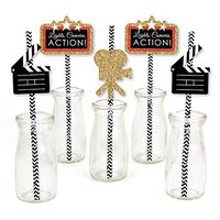 Red Carpet Hollywood - Paper Straw Decor - Movie Night Party Striped Decorative Straws - Set of 24