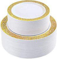 IOOOOO 120 Pieces Gold Plastic Plates, Lace Design Disposable Plates, Plastic Wedding Plates Includes: 60 Dinner Plates 10.25 Inch and 60 Dessert Plates 7.5 Inch